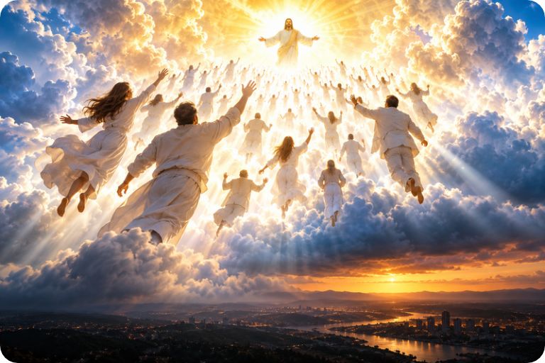 Day of Christ showing believers gathered to Jesus Christ in the clouds at the Rapture