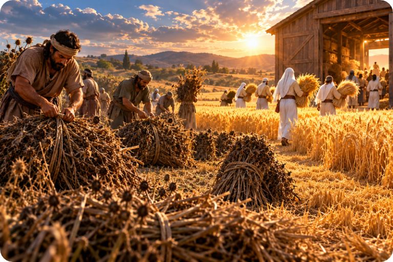 Wheat gathered into the barn after the tares are first bound into bundles in Matthew 13